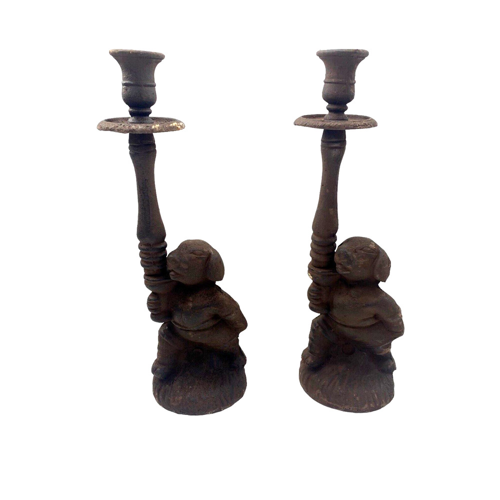 Vintage Cast Metal Iron Dogs Candlestick Candle Holder Set of 2 Dog Decor 12"
